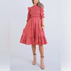 Karlie smocked poplin midi dress Prairie ruffle red leopard print new Small